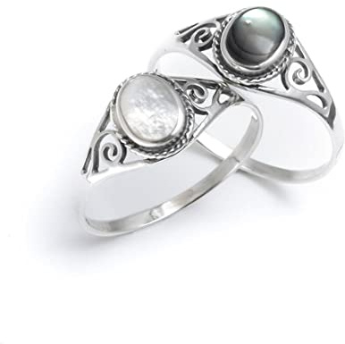 Silverly Bague en Argent Sterling avec Filigrane de Nacre Ovale Encadrée D'Une Corde pour Femme | Bague Cabochon en Argent 925 de Style Vintage avec Bande à Volutes