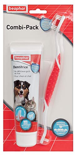 BEAPHAR - COMBI-PACK : Brosse à dents + Dentifrice haleine fraîche pour chien et chat (tube de 100 g) – Élimine la plaque dentaire – Empêche la formation de tartre – Combat la mauvaise haleine