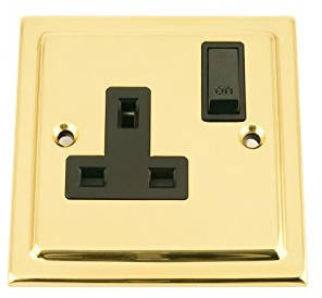 Socket 1 Gang - Victorian Polished Brass - Black Insert Plastic Switch - 13A Single Wall Plug Socket