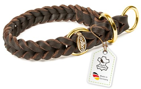 CopcoPet Hundehalsband Würger 30–35 cm x 15mm Braun – Geflochtenes Halsband mit Zugstopp & Messing Ring – Aus robustem Fettleder – Für kleine Hunde – Weiches Lederhalsband fürs Training