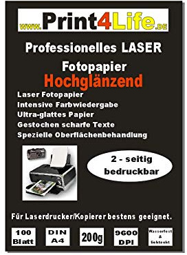 Print4Life 100 Blatt DIN A4 200g/m² BEIDSEITIG hochglänzendes Fotopapier (High Glossy) für Laserdrucker/Kopierer
