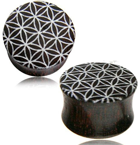 CHICNET Holz Plug Tamarinde Bone Inlay Blume des Lebens handgeschnitzt Tribal Tunnel Expander 06 mm
