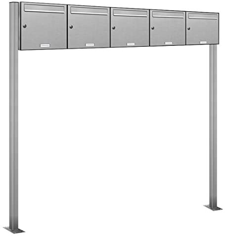 AL Briefkastensysteme 5er V2A Edelstahl Standbriefkasten rostfrei als 5 Fach Briefkastenanlage DIN A4 in Postkasten Briefkasten Design modern