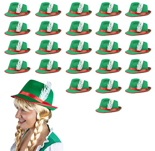 I LOVE FANCY DRESS Oktoberfest Bavarian Hats - Green & Red Bavarian Hat with Feather Detail - Adults German Oktoberfest Tyrolean Hat