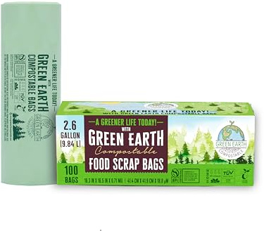 Green Earth Compostable Small Kitchen Food Scrap Trash Bags, Extra Thick 0.71 Mil, Compost Bin Compatible, 2.6 Gallon, 10 Liter, 100-Count, ASTM D6400, BPI (US) & OK Compost Home (EU) Certified
