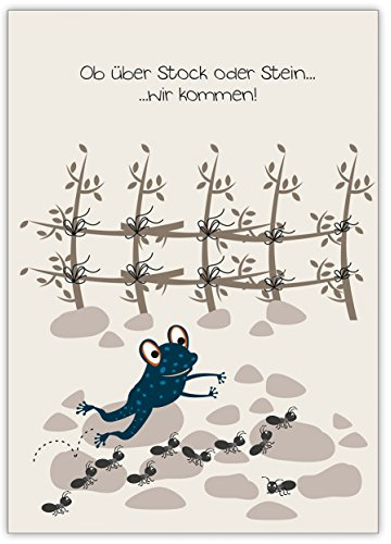 Kartenkaufrausch Lustige Zusage Karte mit Frosch und Ameisen: Ob über Stock oder Stein. Wir kommen! • auch direkt Versand mit Einleger• tolle Grusskarte mit Umschlag in Premium Qualität