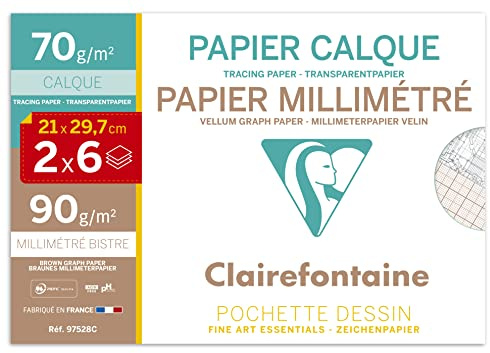 Clairefontaine 97528C - Pochette Dessin Scolaire - 6 Feuilles Papier Vélin Millimétré - A4 21x29,7 cm 90g et 6 Feuilles Papier Calque - A4 21x29,7 cm 70g - Idéal pour les Travaux Géométriques