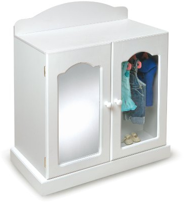 Badger Basket Mirrored Doll Armoire - Wooden Closet with 3 Hangers, 3 Storage Baskets, and See-Through Door - Fits 18 Inch Dolls and More - Toy Wardrobe for Kids Ages 3+ - White