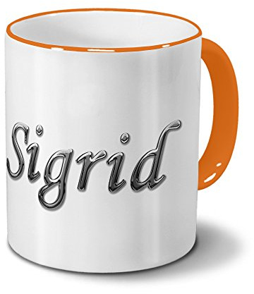 printplanet Tasse mit Namen Sigrid - Motiv Chrom-Schriftzug - Namenstasse, Kaffeebecher, Mug, Becher, Kaffeetasse - Farbe Orange