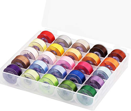 Simthread 25pcs Couleurs Assorties Taille A Classe 15 (SA156) 60WT Bobines pré-enroulées Fil avec boîte en plastique de rangement transparent pour Machine à fil à coudre de fil à broder Brother