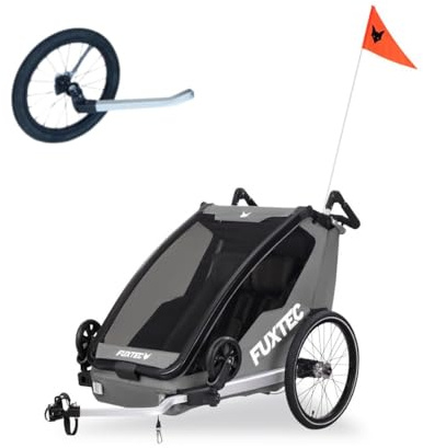 FUXTEC Remolque para Bicicleta y Carrito 2 en 1 con Rueda Jogger FX-FA1-SET (Gris), para 2 niños, Aluminio, Plegable, con protección de Lluvia y Sol