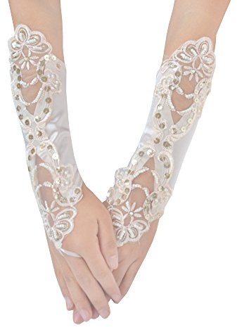 JISEN Women Banquet Party Fingerless Elegant Lace Embroidered Bridal Gloves 11 Inch Champagne