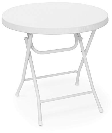 Relaxdays Mesa Terraza Plegable Bastian, Redonda, 74 x 80 x 80 cm, Efecto Ratán, para Exterior, Mesita Jardín, Blanco