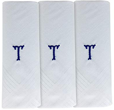 Herren/Männer 3er Pack Taschentücher, schlicht weiß mit Namensinitiale aus 1 Buchstaben, T