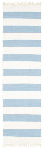 RugVista Cotton stripe, Teppich, Kelim Modern, 300 x 80 cm, Rechteckig, Mittlerer Stapel, Wohnzimmer, Esszimmer, Schlafzimmer, Küche, Diele, Nur chemische Reinigung, Care & Fair zertifiziert, Hell Bla