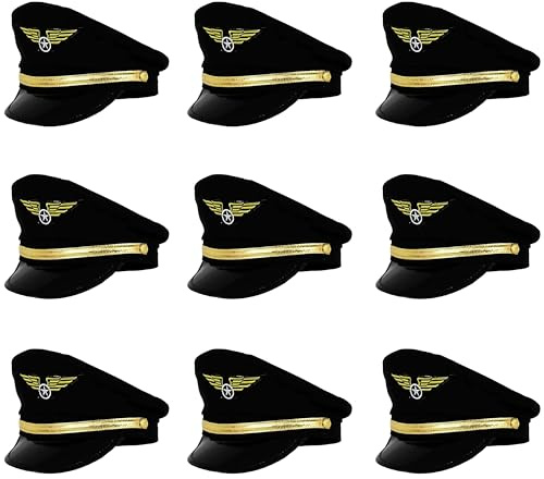 Schwarze Pilotenmütze für Erwachsene – schwarzer Hut mit goldfarbenen Details – perfekt für Fernseh-/Filmcharakter, Piloten-Kostüme und andere Kostümveranstaltungen