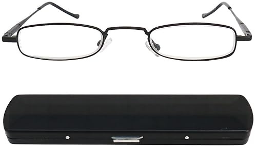 Schmale Mini-Lesebrille aus Metall mit flachem Aluminium-Etui | 14 g leichte, kompakte Lesehilfe mit Edelstahlrahmen, flachen 19-mm-Gläsern und Slim-Fit Aluminium-Etui.
