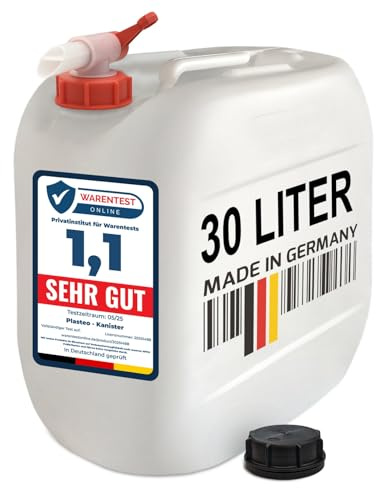 plasteo® 30 Liter Getränke- Wasserkanister Natur mit Schraubdeckel und Ausgießhahn (DIN 61) | Lebensmittelecht | Tragbar und Robust | Indoor und Outdoor | BPA Frei | Made in DE