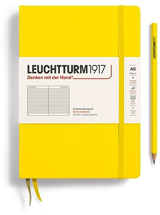LEUCHTTURM1917 344798 Notizbuch Medium (A5), Hardcover, liniert, zitrone | 251 nummerierte Seiten, Inhaltsverzeichnis, Falttasche, Lesezeichen, Verschlussgummi, perforierte Seiten