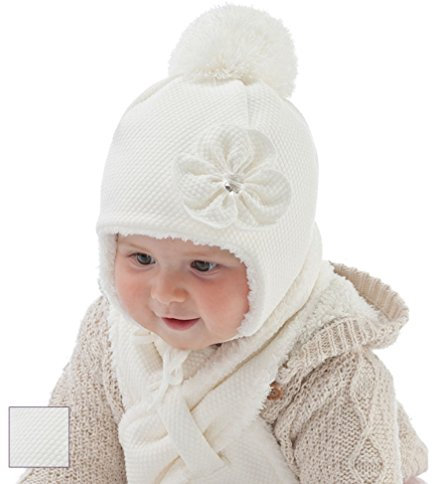 Celebration Babymütze Wintermütze Set mit Schal für Mädchen mit Blume Gr. 46 Modell 6597 Creme Ivory