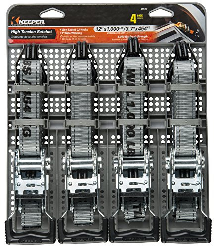 Keeper Hampton PROD Keeper – 1” x 12' High Tension Ratchet Tie-Down with Double J-Hooks, 4 Pack - 1,000 lbs. Working Load Limit and 3,000 lbs. Break Strength
