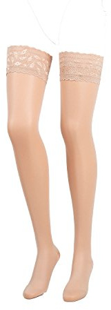 COMPRESSANA Calypso 140 den Feinstrick Stützstrümpfe mit Spitzenhaftband – effektive Stützwirkung mit ca. 15-18 mmHg Kompression (Stütz-Klasse 3) - nahezu blickdichtes, feines und glattes Maschenbild – Schenkelstrümpfe mit Haftband - Größe II - Farbe makeup - 1 Paar