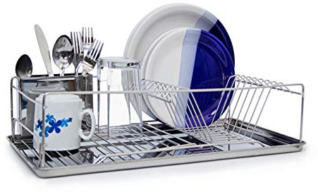 Relaxdays Abtropfgestell XL in Edelstahl-Optik HxBxT ca. 33 x 48 x 12 cm Abtropfgitter für Teller und Tassen Spülkorb mit Besteckkorb und Auffangwanne glänzender Geschirrständer für Ihre Küche, silber