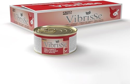 Croci Vibrisse Cibo umido per gatti a base di Tonno e Gamberetti, alimento naturale senza coloranti e conservanti, 1 lattina da 140 g