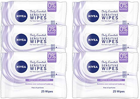NIVEA 3in1 Sensitive Cleansing Wipes (25 Wipes), Plant-Based Makeup Remover Wipes, Face Wipes for Sensitive Skin, Gentle yet Effective Makeup Removal (Pack of 6)