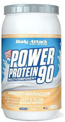 Body Attack Power Protein 90, Albicocca-Frutto della Passione, 1kg, 5K proteine in polvere con proteine del siero di latte, L-carnitina e BCAA per la costruzione muscolare e il fitness.