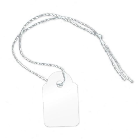 POKORNYS - 100 blanko Preisetiketten mit Faden (15 x 24 mm) weiß I Etiketten zum Beschriften I Preisschilder aus Karton mit Baumwollfaden I Anhänger, Hängeetikett & Geschenkanhänger für Kleidung uvm.