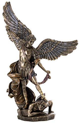 Top Collection Archangel St. Michael Statue - 14.5-Inch Saint Michael Defeating Lucifer in Religious Premium Cold-Cast Bronze Sculpture - Collectible Angel of Heaven Stepping on Demon Figurine