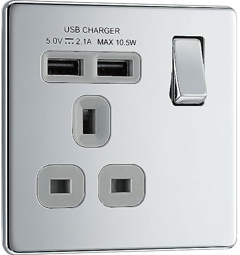 BG Electrical Screwless Flatplate Single Switched Fast Charging Power Socket with Two USB Charging Ports