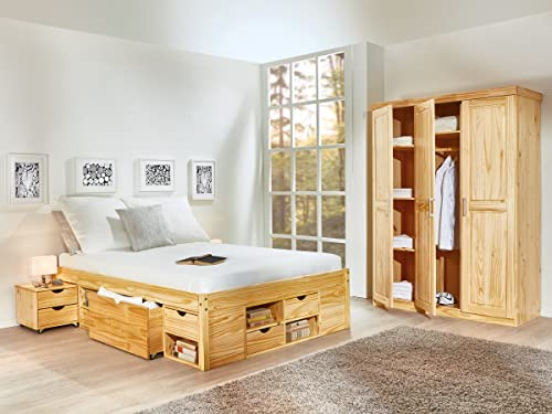 Inter Link - Lit Double Multifonction Avec Rangements - Tables de Chevet, 6 Tiroirs, 8 Niches - Bois Massif - 2 Sommiers - Nature - Claas 180 x 200 cm