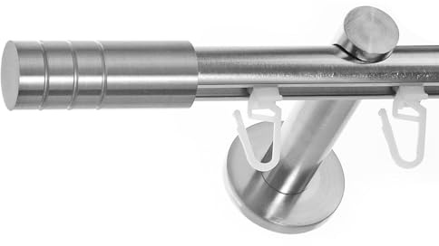 BASIT Gardinenstange Innenlauf Edelstahllook 16mm 1-läufig Wand 160cm H70 | Gardinenstangenset einläufig Wandmontage Metall Vorhangstange Wandhalterung 120-600cm wählbar Kappe Zylinder E28