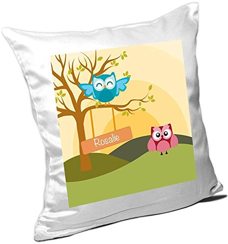Eurofoto Kissen mit Namen Rosalie und schönem Motiv mit Eulen-Landschaft für Mädchen - Namenskissen personalisiert - Kuschelkissen - Schmusekissen