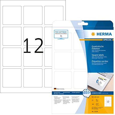 HERMA 10109 Universal Etiketten ablösbar, 25 Blatt, 60 x 60 mm, 12 pro A4 Bogen, 300 Stück, selbstklebend, bedruckbar, matt, quadratisch, blanko Papier Klebeetiketten Aufkleber, weiß