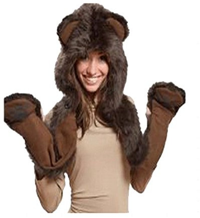 Cheerlife Fell Mütze Damen Kapuzenschal Kunstfell Tiermütze mit Ohren Handschuhe Schal Wintermütze Braunbär