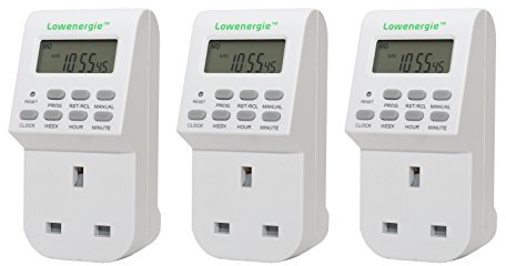 Lowenergie 7-Day Programmable Digital Plug-In Timer Socket (3 Pack) – 20 ON/OFF Settings, 1-Minute Accuracy, Battery Backup, Energy-Saving Home Appliance Controller