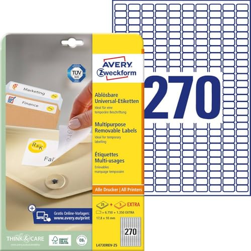 AVERY Zweckform L4730REV-25 Universal Etiketten (6.750 plus 1.350 Klebeetiketten extra, 17,8x10mm auf A4, wieder rückstandsfrei ablösbar/abziehbar, bedruckbar, selbstklebende Aufkleber) 30 Blatt, weiß