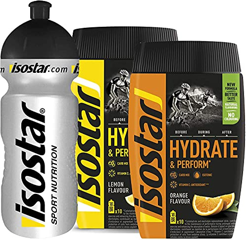 Isostar Hydrate & Perform isotoniskt sportdryckspulver, apelsin, 2×400 g + 0,5 l sportflaska