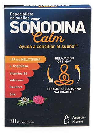 Soñodina Calm 30 Comprimidos - Complemento alimenticio con melatonina, L-triptófano, vitamina B6, extractos de valeriana y pasiflora y zinc - Especialmente formulado para Conciliar el Sueño