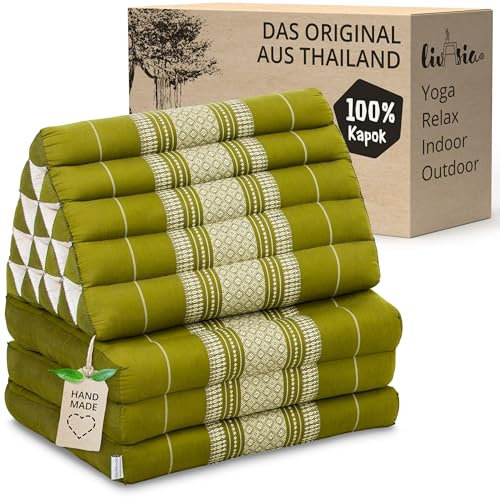 livasia Thaikissen 3 Auflagen extrahoch - 185x55x8cm - Dreieckskissen mit Klappmatratze, Kapok, Jumbo Rückenkissen faltbar, Thaimatte Klappen, handgefertigt, Meditationskissen (Grün)