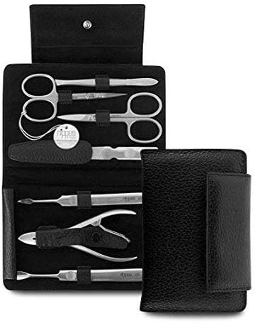 nippes Solingen Premium Line Maniküre Set Leone, 7-teilig, Edelstahl rost- und nickelfrei, Rindleder-Etui mit Druckknopf, Schwarz, Nagelpflege Set, Pediküre Maniküre, Made in Germany | rost- und nickelfrei, handgefertigt, Made in Germany, Haut- und Nagelschere, Saphirfeile, Pinzette, Reiniger, Nagelzange