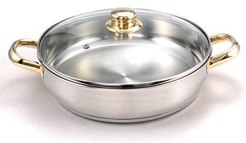 FranquiHOgar - Paellera de Acero Inoxidable 28 cm con Tapa de Cristal - Distribución Uniforme del Calor - Apta para Lavavajillas y Horno - Durabilidad y Limpieza Fácil, Dorado, 28cm, Metal