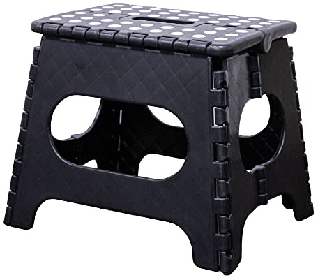 Knight Plastic Folding Step Stool, Strong Heavy Duty Skid Resistant Stool for Kids and Adults, White Black Grey, H29 x L27 x W22 CM (Black)