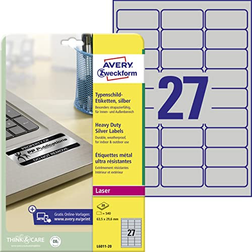 AVERY Zweckform L6011-20 Typenschild Folienetiketten (540 Aufkleber, 63,5x29,6mm auf A4, stark selbstklebend, strapazierfähig, wetterfest, bedruckbare Klebefolie, blanko) 20 Blatt, silber