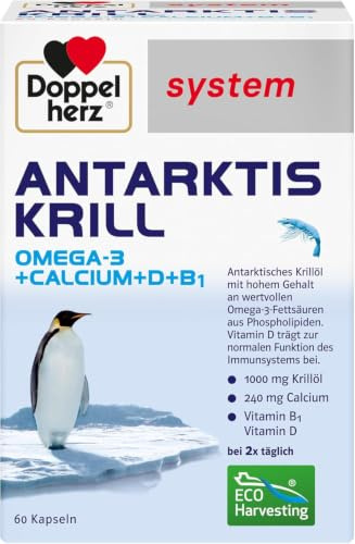 Doppelherz system ANTARKTIS KRILL Omega-3 + Calcium + D + B1 – Herzfunktion & Immunsystem – Omega-3-Fettsäuren EPA/DHA als Beitrag zur normalen Herzfunktion – 60 Kapseln