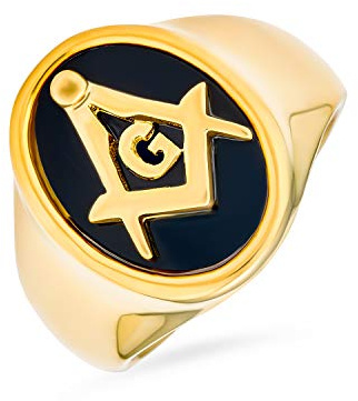 Bling Jewelry Geheimgesellschaft Quadratkompass Schwarzer Oval Herren Siegel Freimaurer Freimaurerring Für Männer 14K Vergoldeter Edelstahl