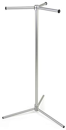 Displays2go Silver 3‑Arm Portable Trade Show Bag Stand with Carrying Tote, Holds 33 Shopping or Promo Bags, 48 Floor‑Standing Retail Display (AUBAG3L01)
